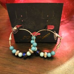 Turquoise Beaded silver tone Hoop earrings
